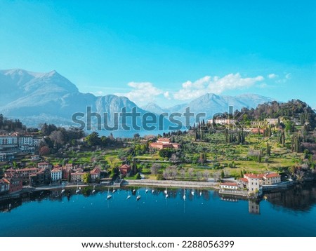 Aerial view Lago di Como, Italy, Bellagio, Lombardy by drone