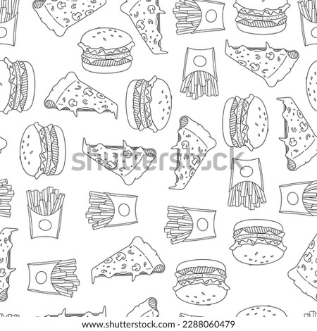 Fast food pizza burger fries hand drawn doodle sketch seamless pattern illustration