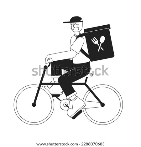 Guy delivering prepared meals on bicycle monochromatic flat vector character. Editable thin line full body person. Simple bw cartoon spot image for web graphic design, animation. Hand drawn drawing