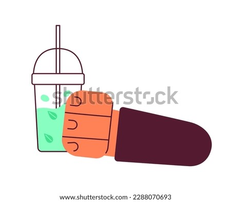 Holding green tea cup with straw semi flat colorful vector first view hand. Drinking matcha, smoothie. Editable icon on white. Simple cartoon spot illustration for web graphic design and animation