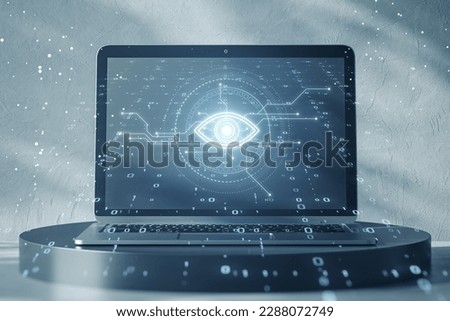 Close up of laptop on pedestal with cyber spy technology hologram, virtual eye of internet control surveillance and digital invigilation background with coding. Double exposure Royalty-Free Stock Photo #2288072749