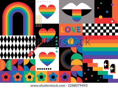Rainbow background with hearts. LGBT+ Pride design. Rainbow community pride month. Love, freedom, support, peace. Poster with LGBT rainbow flag, heart and love. Colorful social media post template Royalty-Free Stock Photo #2288079493