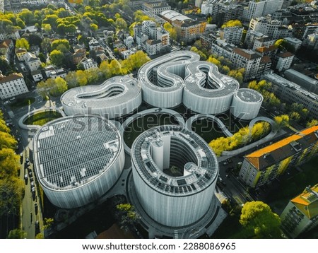 Aerial view of the solar panels on the roof.SDA Bocconi School of Management is modern buildings with classrooms and student residences. Milan, Italy Royalty-Free Stock Photo #2288086965