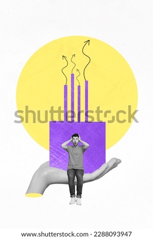 Vertical collage portrait of black white effect arm palm hold power station arrows up growing pollution impressed mini guy isolated on white background