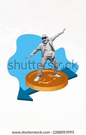 Vertical abstract creative photo collage of excited positive elderly man in glasses fly down on coin isolated on white color background
