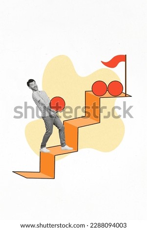 Magazine sketch picture poster collage photo of persistent happy man leader go carry heavy sphere isolated on white drawing background