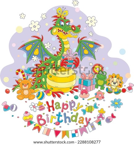 Happy birthday card with a funny fire-breathing dragon and its holiday gifts, sweets and toys, vector cartoon illustration isolated on a white background
