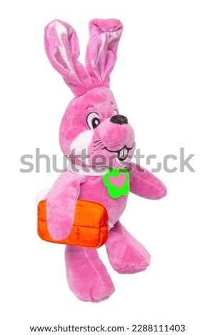 A cute pink plush bunny with heart pendant and a bag, isolated on a white background. Easter greeting card decoration item with space for design. Bright plush animal.