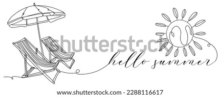 Banner with text HELLO SUMMER, beach chairs, umbrella and sun on