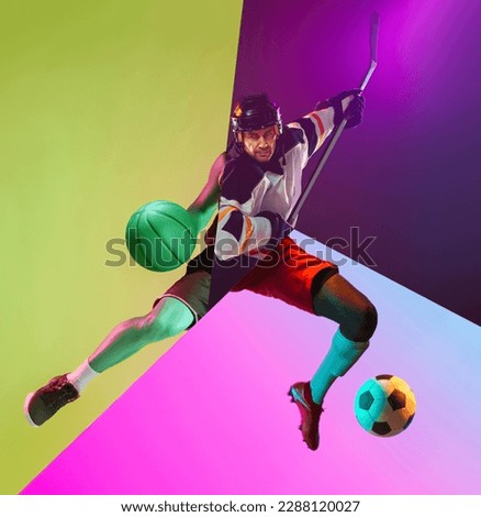 Composite image of man doing different kinds of male sport soccer, basketball, hockey, american football over multicolored background. Active lifestyle, sport, health, male hobby, activity, ad concept
