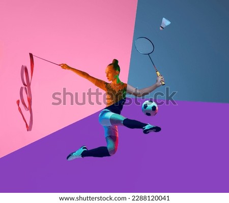 Composite image of beautiful woman, girl wearing special equipment doing different kinds of sport, gymnastics, soccer, badminton over colorful background. Active lifestyle, sport, health, ad concept