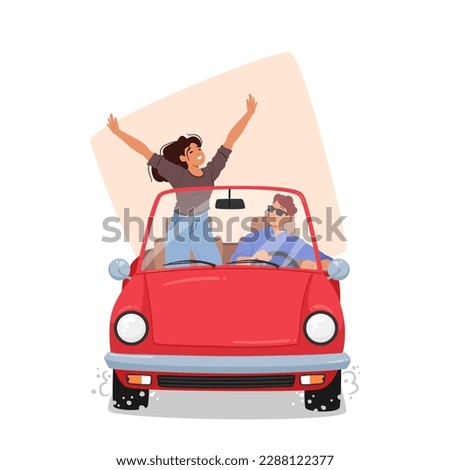 Excited Woman And Her Partner Characters Traveling By Car On A Scenic Route Promoting Travel, Adventure Or Road Trip Themes. Man Driving Auto and Girl Rejoice. Cartoon People Vector Illustration Royalty-Free Stock Photo #2288122377