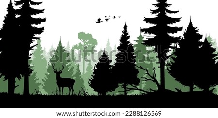 Forest trees silhouettes, deer animal and duck flock, hunting sport. Vector nature landscape or wildlife scene background with pine woods and fallen tree trunk in fog, wild deer, flying birds in sky