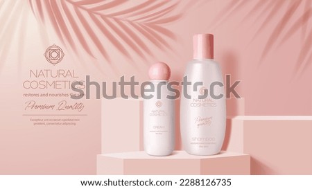 Cosmetics bottle on pink podium, vector 3d ad of beauty products for skin and hair care. Display platform, scene or pedestal with cream and shampoo bottles on background with palm leaves shadows Royalty-Free Stock Photo #2288126735