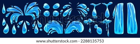 Cartoon water tear vector icon set vector. Liquid drop graphic with splash, puddle, falling waterfall and teardrop symbol isolated on dark background. Simple clean splatter motion fluid design. Royalty-Free Stock Photo #2288135753