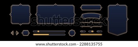 Game UI elements with gold frames in medieval style. Buttons, banners different shapes, progress bar, arrows and sliders with fantasy metal border, vector cartoon set