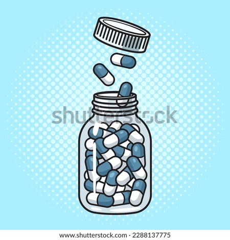 jar bottle of drug pills antidepressant painkiller pinup pop art retro vector illustration. Comic book style imitation.