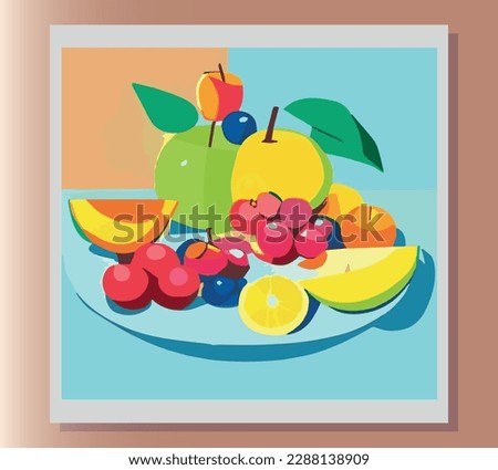 Still life summer vector abstract illustration in bright colors of fruits on the table. Sticker, poster, advertisement, postcard, label design. First small business. Colorful vector illustration. 