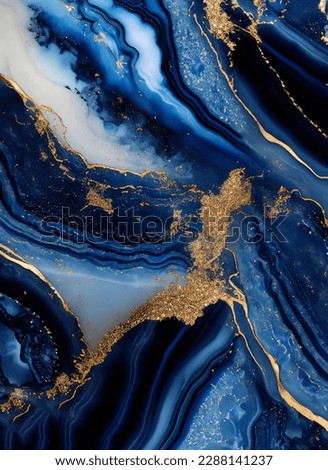 Luxurious navy blue ink marble-like abstract texture with golden dust and agate stone swirls and veins. High quality photo Royalty-Free Stock Photo #2288141237