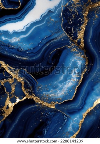 Luxurious navy blue ink marble-like abstract texture with golden dust and agate stone swirls and veins. High quality photo Royalty-Free Stock Photo #2288141239