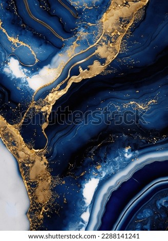 Luxurious navy blue ink marble-like abstract texture with golden dust and agate stone swirls and veins. High quality photo Royalty-Free Stock Photo #2288141241