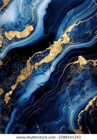 Luxurious navy blue ink marble-like abstract texture with golden dust and agate stone swirls and veins. High quality photo Royalty-Free Stock Photo #2288141243