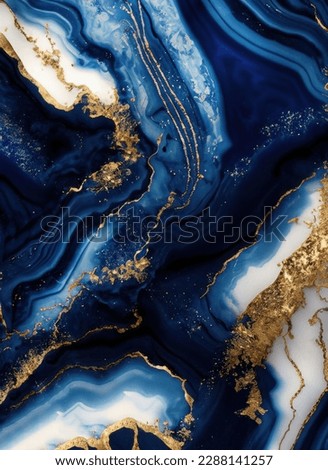 Luxurious navy blue ink marble-like abstract texture with golden dust and agate stone swirls and veins. High quality photo Royalty-Free Stock Photo #2288141257