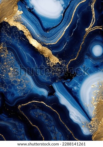 Luxurious navy blue ink marble-like abstract texture with golden dust and agate stone swirls and veins. High quality photo Royalty-Free Stock Photo #2288141261