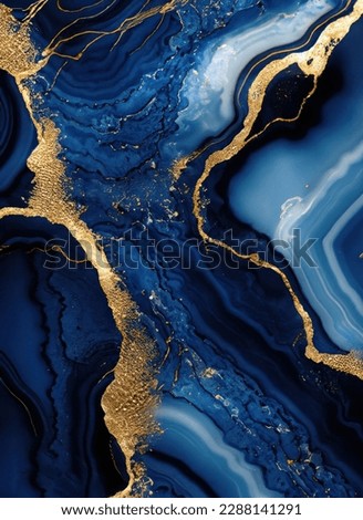 Luxurious navy blue ink marble-like abstract texture with golden dust and agate stone swirls and veins. High quality photo Royalty-Free Stock Photo #2288141291