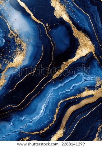 Luxurious navy blue ink marble-like abstract texture with golden dust and agate stone swirls and veins. High quality photo