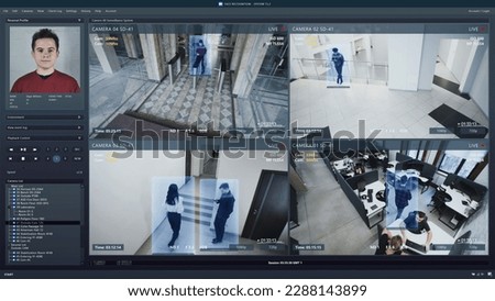 Playback CCTV cameras in business office on computer screen. Interface of AI futuristic program with information and recognition system. Security cameras. Concept of identification and tracking. Royalty-Free Stock Photo #2288143899
