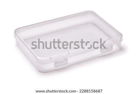 Empty reusable transparent plastic box with hinged lid isolated on white Royalty-Free Stock Photo #2288158687