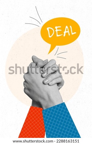 Vertical collage image of two black white effect people arms handshake deal bubble isolated on creative background