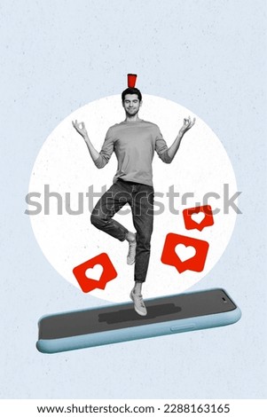 Creative collage 3d template of young man blogging relax after post last image social media practice hard work isolated on grey background