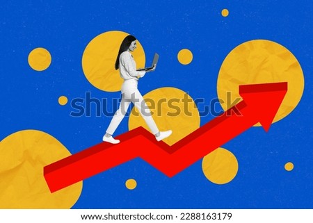 Photo collage banner of young business entrepreneur woman browsing cryptocurrency website arrow growth isolated on blue dotted background