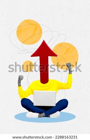 Vertical collage image of excited black white gamma person arrow pointer upwards instead head use netbook raise fists isolated on white background