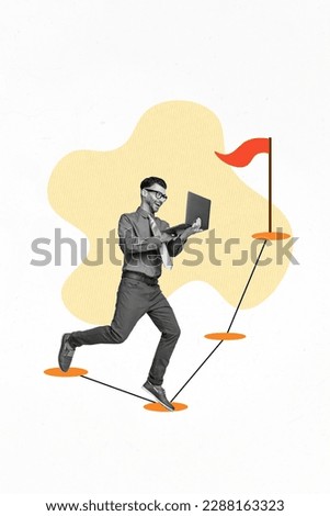Vertical collage picture of positive black white gamma guy use netbook run jump target finish flag isolated on white background