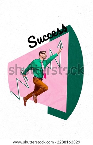 Vertical collage picture of elegant business man jump hand hold growing upwards success arrow isolated on white background