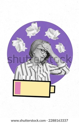 Photo collage image picture artwork poster of sad disappointed retired woman hand touch face cant work no efficiency painted background