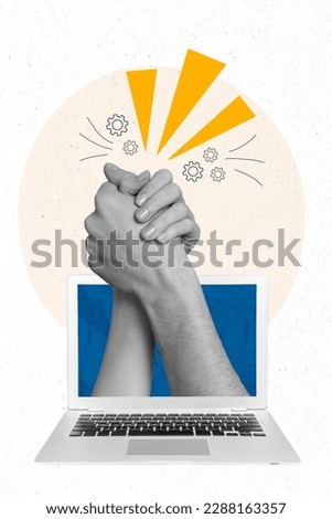 Vertical collage picture of two black white effect arms handshake agreement inside netbook display isolated on creative background