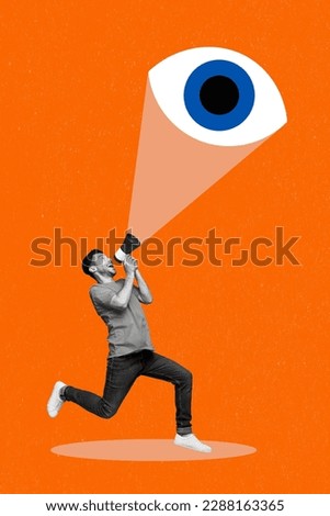 Artwork collage of young excited activist guy running with megaphone screaming about big brother spy you isolated on orange background Royalty-Free Stock Photo #2288163365