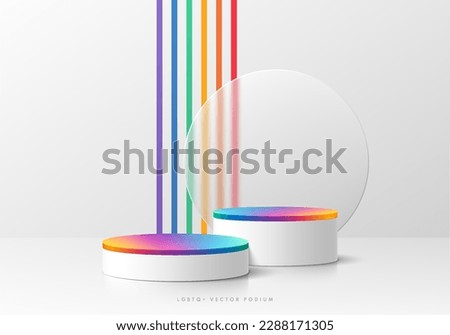 3D LGBTQ+ background with realistic white, colorful cylinder pedestal podium. Vertical stripes pride rainbow color wall scene. Minimal mockup product display. Abstract vector 3D render. Stage showcase Royalty-Free Stock Photo #2288171305