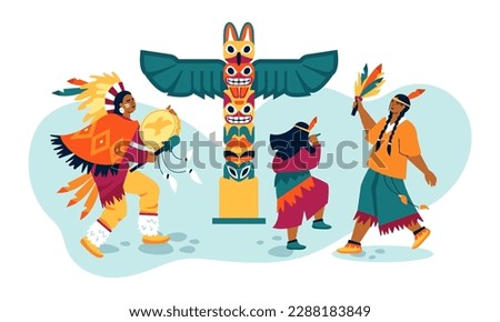 Ritual dance around the totem - modern colored vector illustration on white background with shaman with playing tambourine, women in national clothes made of feathers and leather. Culture idea Royalty-Free Stock Photo #2288183849