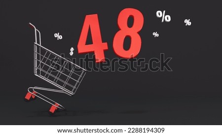 48 percent discount flying out of a shopping cart on a black background. Concept of discounts, black friday, online sales. 3d rendering