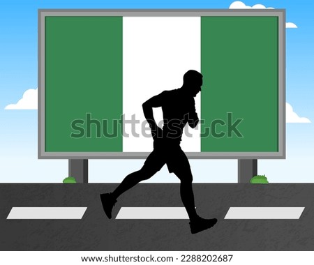 Running man silhouette with Nigeria flag on billboard, olympic games or marathon competition concept, male racing idea, running race in Nigeria hoarding or banner for news, jogger athlete