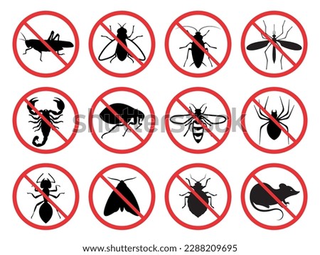 Pest control. Icon set. Insect repellent emblem. Isolated forbidding and warning signs of harmful insects and rodents. Vector illustration Royalty-Free Stock Photo #2288209695