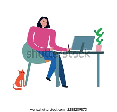 Flat female graphic designer working on computer at home vector illustration