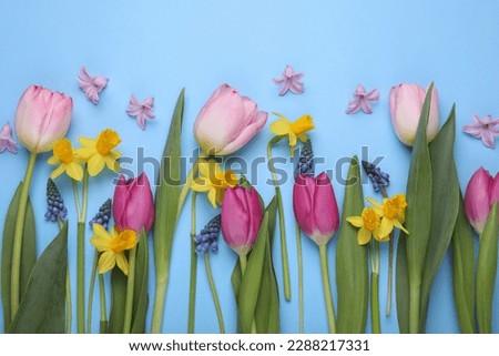 Beautiful flowers on light blue background, flat lay