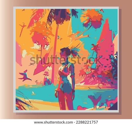 Colorful summer vector illustration. Sea, dance, girl, palm tree, Background of a summer party. Summer vacation, tourist flyer, advertising of a tourist trip. Registration of social networks. 