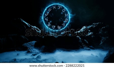 Mystical zodiac signs from the energy. Neon blue color geometric circle on a dark background. Dark scary rocks in the smoke.  Panoramic view of the fog. Layout for your logo. 